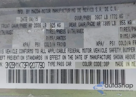 2015 Mazda Mazda3 I Sport z USA, uszkodzony, nr VIN 3MZBM1K73FM207790